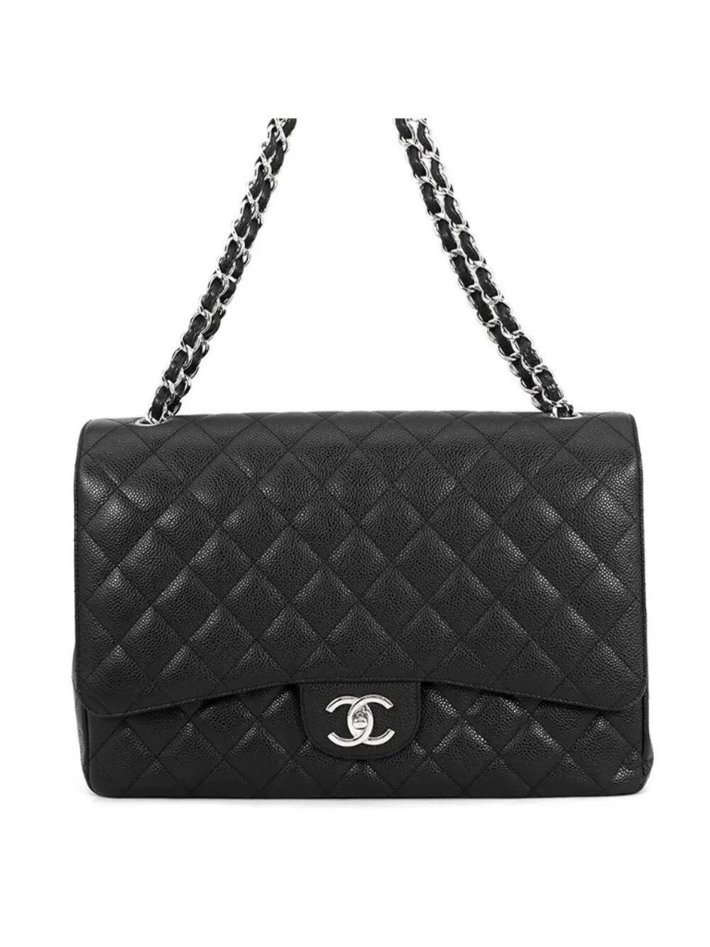 Chanel Chain Shoulder Bag Quilted 34 CC Logo Maxi Double Flap Caviar Leather